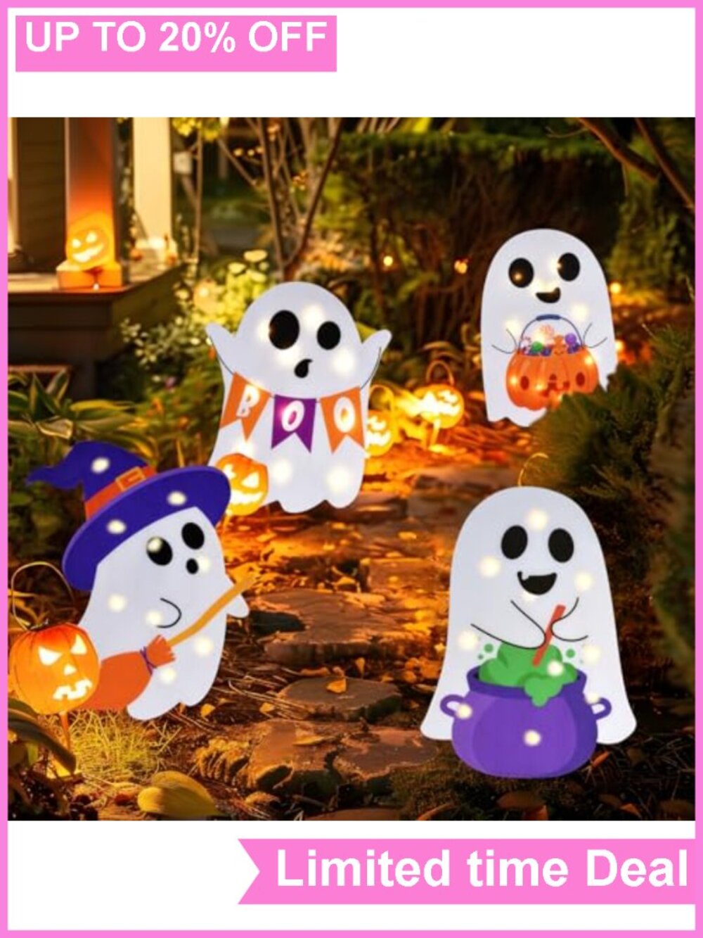 4 Pack Lighted Ghost Yard Signs Halloween Outdoor Decor with LED Stakes